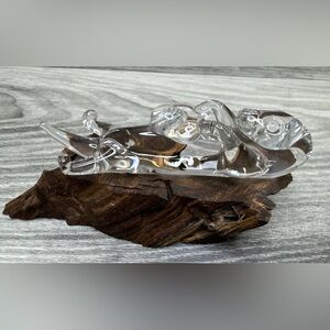 Vintage Alaska Clear Glass Otter, On Polished Wood Figurine Animal  4” X 2”
